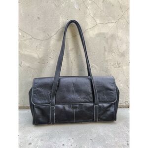Aurielle Vintage Style Black Genuine Leather Baguette Bag – Contrast Stitching